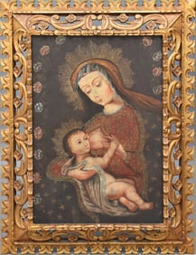 Cusco School 19th/20th Century.  "Mary & Christ Child". Antique oil painting on canvas, unsigned,
