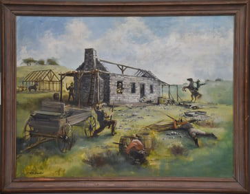 Will Shuster (New Mexico 1893 - 1969) oil on Masonite board, McSween Homestead shootout New mexico