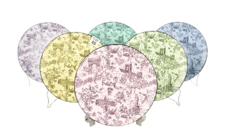 6 Tiffany & Co. Dessert Plates (8"dia) "Toile", Assorted Colors in Original Box