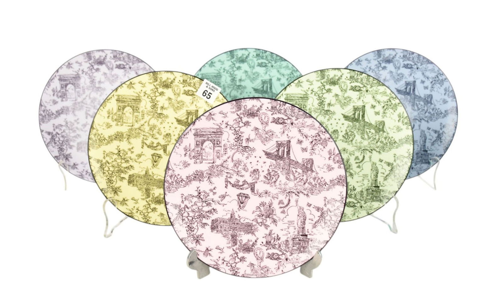 6 Tiffany & Co. Dessert Plates (8"dia) "Toile", Assorted Colors in Original Box (1 of 9)