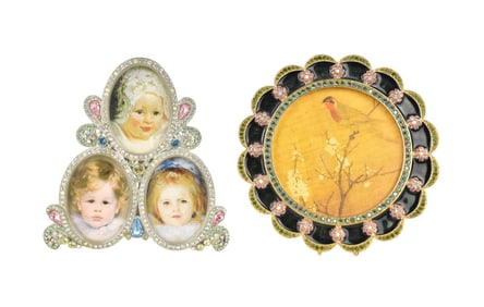 2 Jay Strongwater Frames, Oval Triplicate AND Scalloped Round Enameled with Colored Stones, 4 1/2"h