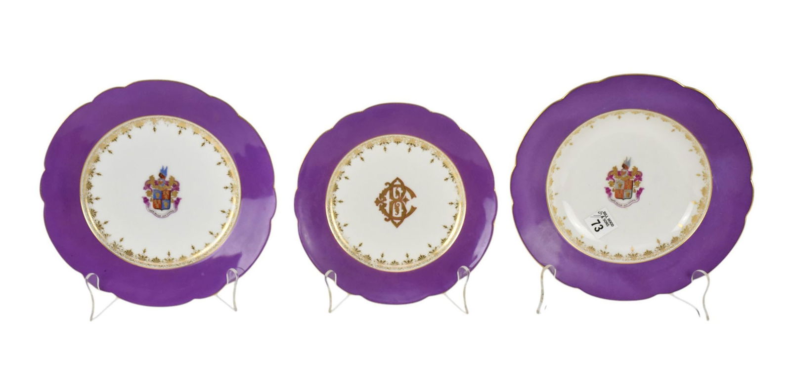 3 Pcs. French Porcelain Tablewares, Coat of Arms with Purple Rims and Gilt Accents (1 of 8)