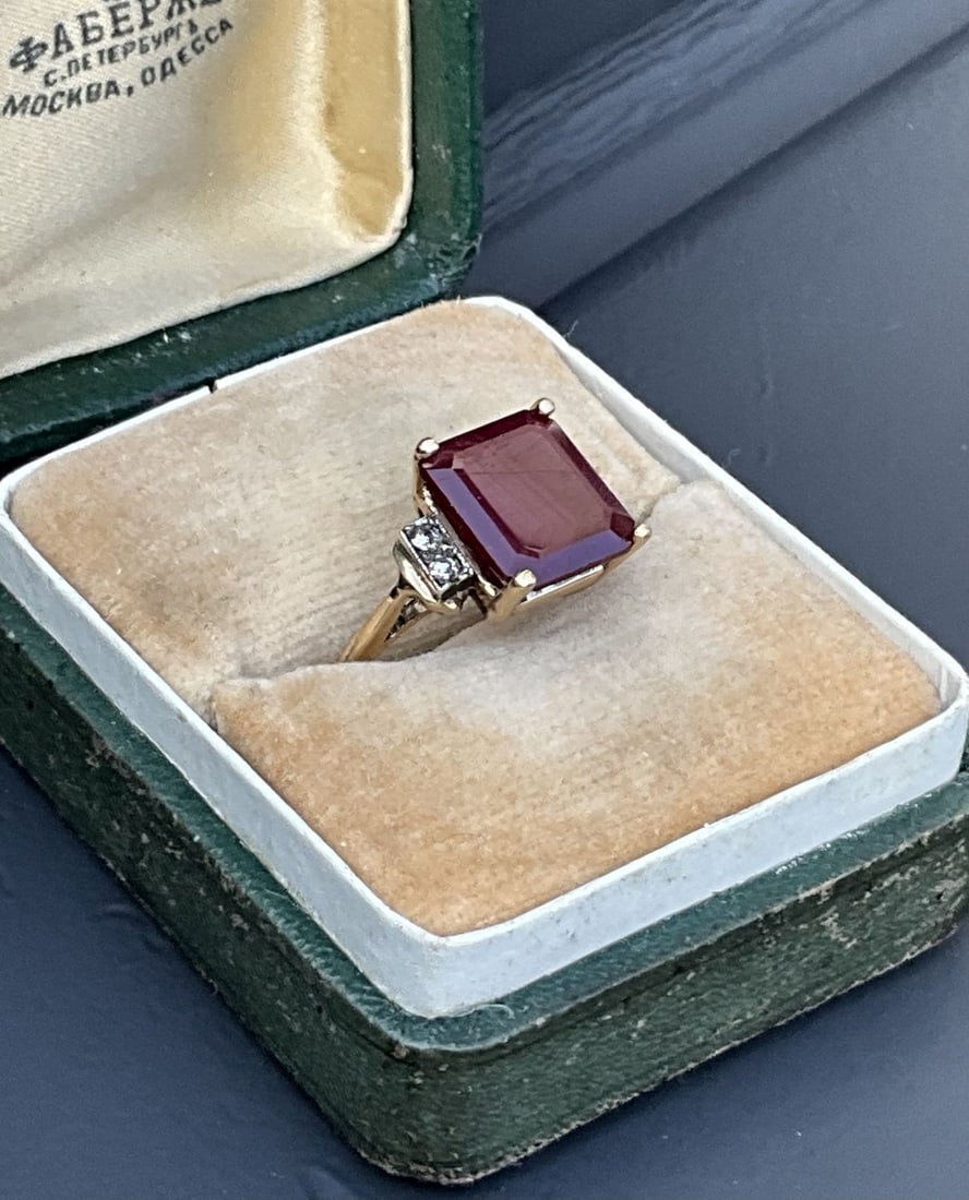 Russian antique Gold Ruby and diamond ring - size 6: Russian antique gold diamond spinel ring, approximately 4 carat ruby, stamped 56 and maker marks, size 6, weight 4.5 grams