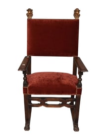 Italian Renaissance Walnut Throne Chair, 17/18th c, Red Upholstered Back & Seat, Nail Head Trim,