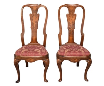 Pair of Continental Marquetry Inlaid Side Chairs, Late 18th c. Carved Splats with Inlaid Dancers &