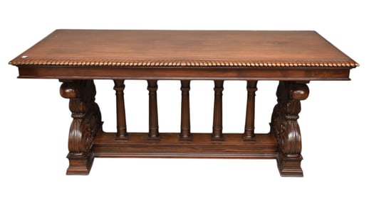 Continental Trestle Library Table, 19th c. Rectangular with Gadroon Over an H-Shaped Stretcher Base