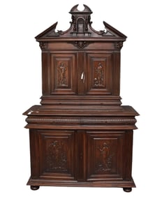 17/18th Century French Walnut Buffet  ca.1670.  broken pediment top over two panel doors. 26K