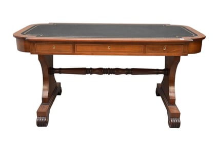 Mahogany Bureau Plat, Late 19th Century, serpentine top over three inlaid drawers and carved