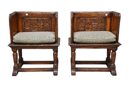 Pair of Jacobean Oak Carved Choir Chairs, 17th Century, carved sides, the back panel carved with