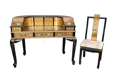 Desk & Chair, Ladies Writing Desk, Gold Foil Type Finish with Handpainted Flowers & Birds, 6 Drawers