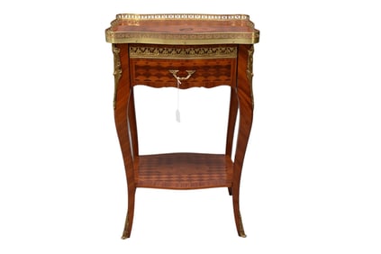 Fine Italian Reproduction Stand, Pierced Gallery, Drawer and Shaped Lower Shelf, 28"h x 18"w x 13