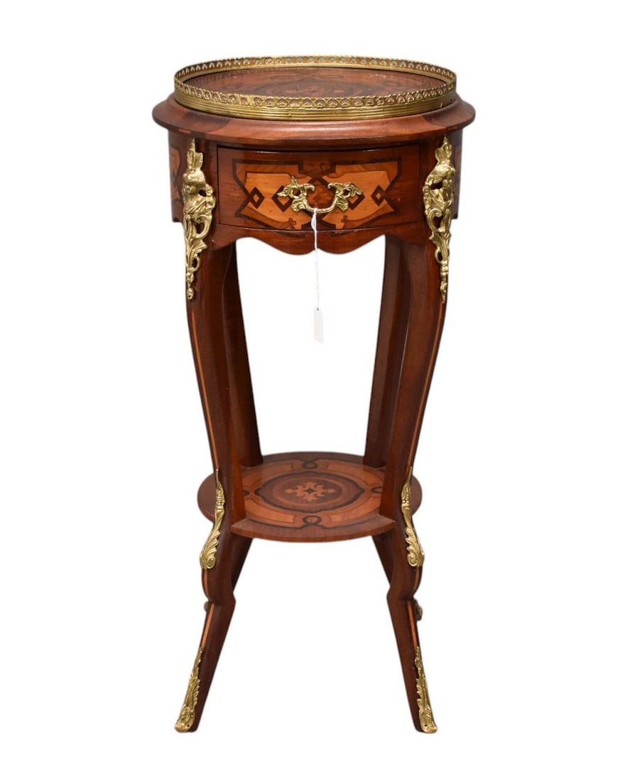 Fine Italian Round Stand, Pierced Gallery with Inlay Surface Over Single Drawer & Bottom Shelf, Gilt (1 of 5)