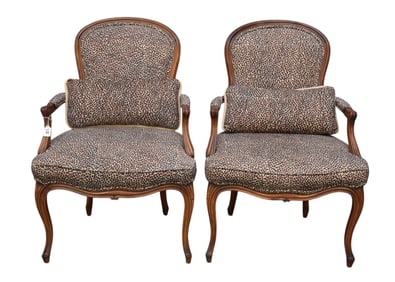 Pair French Provincial Walnut Armchairs with Cheetah Style Upholstery, Loose Cushions, 36"h x 25"w x