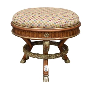 Napoleonic Style Walnut Upholstered Stool with Silvered Accents, 19"h x 22"dia