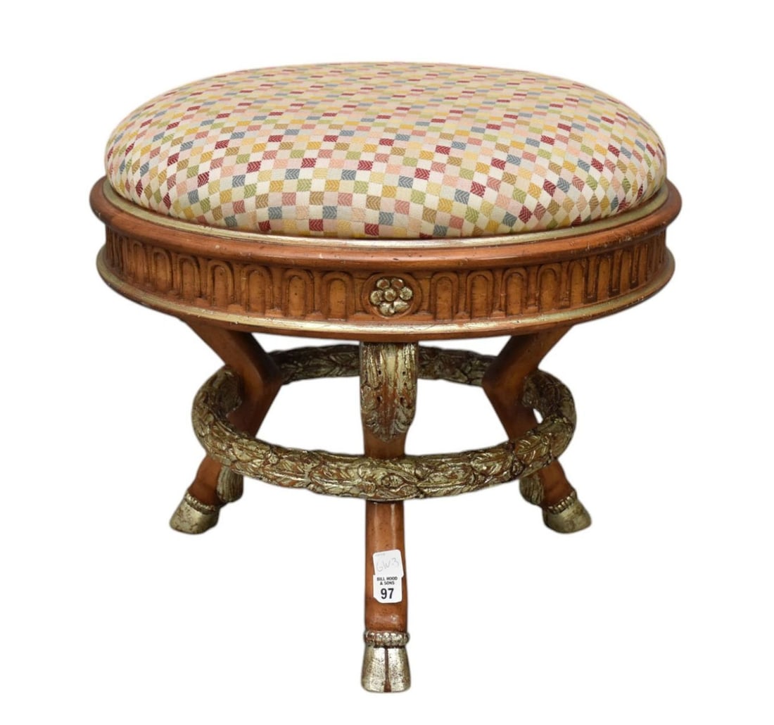 Napoleonic Style Walnut Upholstered Stool with Silvered Accents, 19"h x 22"dia (1 of 4)