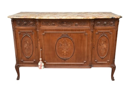 French Style Walnut Sideboard, 3 Side by Side Drawers Over 3 Paneled Doors Each with Marquetry