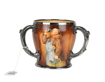 Porcelain Loving Cup, France, Handpainted Monk Scenes, 5 1/2"h x 5"dia