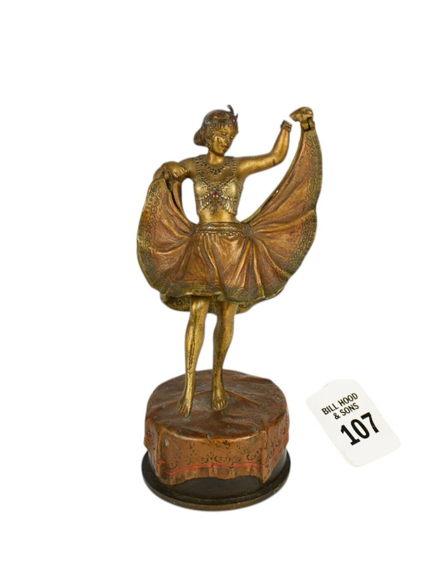 Franz Bergman Austrian Erotic Bronze Figure of Dancer "Windy Day" - C. 1900. A cold-painted bronze: Franz Bergman Austrian Erotic Bronze Figure of Dancer "Windy Day" - C. 1900. A cold-painted bronze figure of a risqué female dancer standing atop a "fabric" covered pedestal. The front of her skirt f