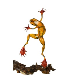 Joseph Quillan Bronze "Joffrey" Frog Sculpture - A yellow and orange patinated jumping frog