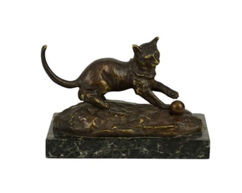 Alfred Barye (French, 1839-1895) Bronze Cat Sculpture - A patinated bronze figure of a cat playing