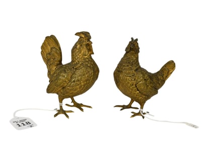 Franz Bergman (1838-1894) Austrian Gilt Bronze Rooster & Hen - C. Late 19th century.  Two gilt