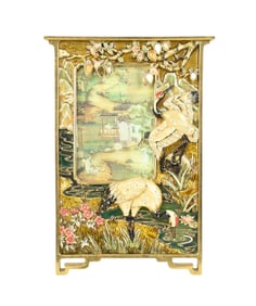 Jay Strongwater Frame,  Verso Enamel with Cranes at Stream with Flowers, 9"h x 5 1/2"w