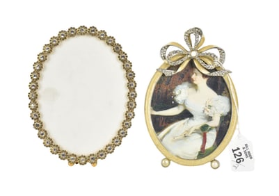 2 Jay Strongwater Oval Frames, One Crystal Beaded Rim And One Crystal Beaded Bow at Top, Each 7"h x