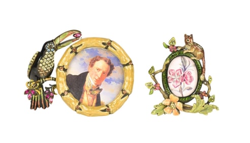 2 Jay Strongwater Small Frames, Jeweled & Enamel, One Toucan with Round Frame (3"h x 5"w AND One