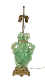Carved Quartz/Jade Style Lamp, green urn-form, Lighting in Interior and 2 Socket Lights, 2 Pcs, 28"h