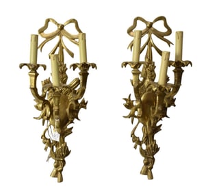 Pair of French Three-Light Bronze Sconces Surmounted by bows and wired, H. 22?? x W. 7 ½