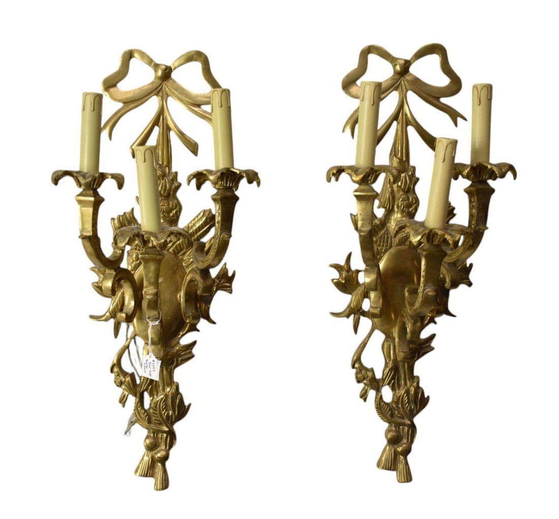 Pair of French Three-Light Bronze Sconces Surmounted by bows and wired, H. 22?? x W. 7 ½ (1 of 5)