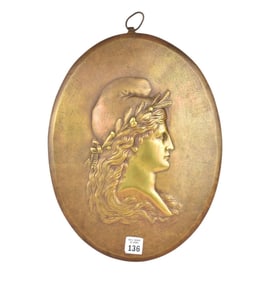 Bronze Plaque, Classical Bust in Relief, 14"h x 10 1/2"w