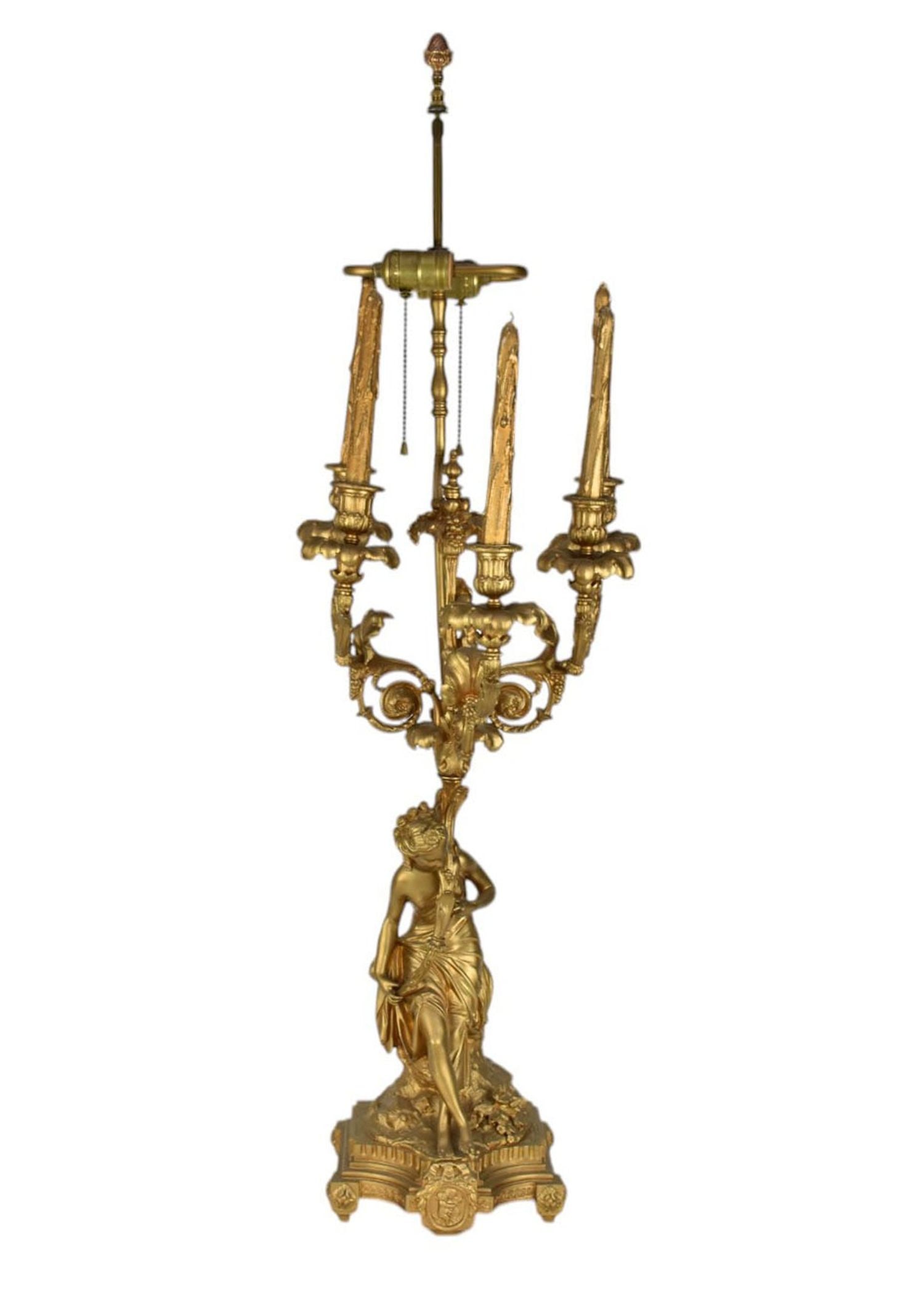French Gilt Bronze Figural Five-Light Candelabra, Converted to Lamp - A 19th century gilt (1 of 13)