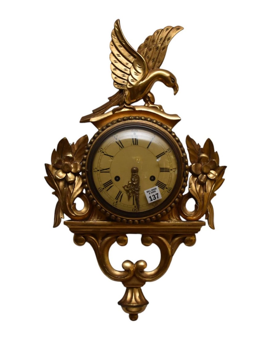 Wall Clock, Gilded & Carved Floral with Phoenix at Top, 23"h x 12"w: Wall Clock, Gilded & Carved Floral with Phoenix at Top, 23"h x 12"w