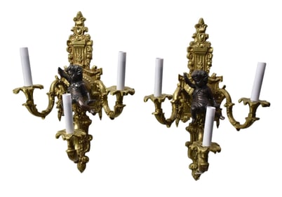 Pair Bronze Gilded Wall Sconces, 3 Branch Each With Figural Cherub, 19"h x 13"w