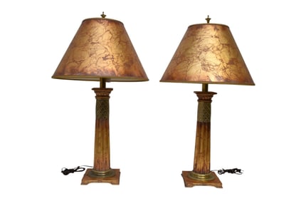 Pair Stiffel Lamps, Marbleized Gold Finish, Reeded Column Motif, Each With Shades, 33"h to top of