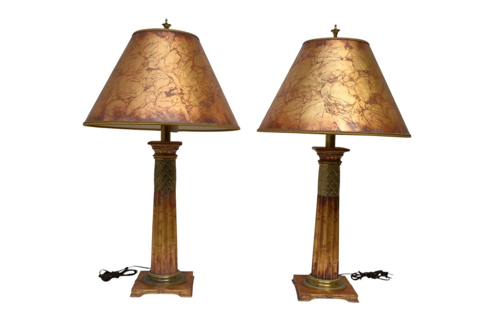 Pair Stiffel Lamps, Marbleized Gold Finish, Reeded Column Motif, Each With Shades, 33"h to top of (1 of 6)