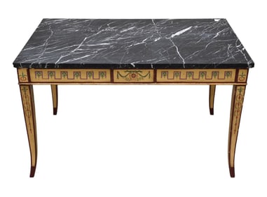 French Marble Top and Painted Side Table Early 19th Century, The black, gray, and white marble top
