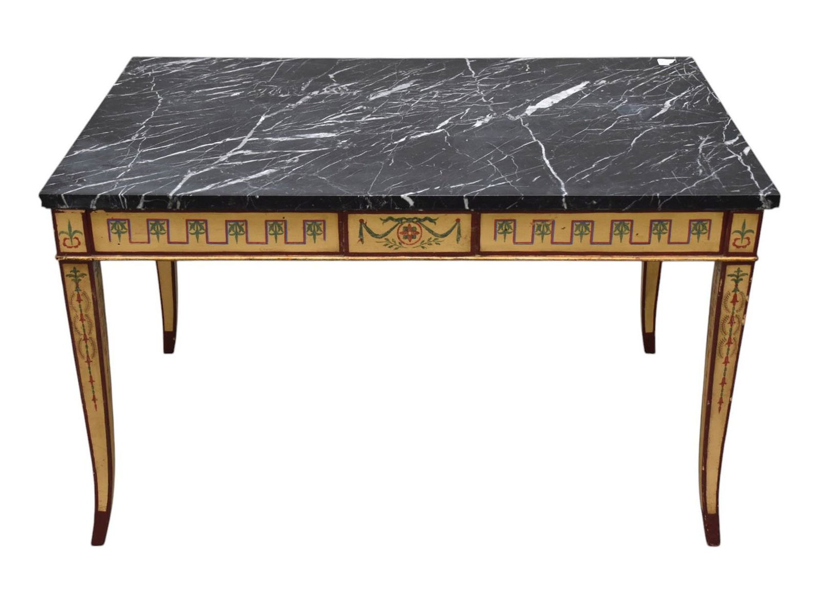 French Marble Top and Painted Side Table Early 19th Century, The black, gray, and white marble top (1 of 2)