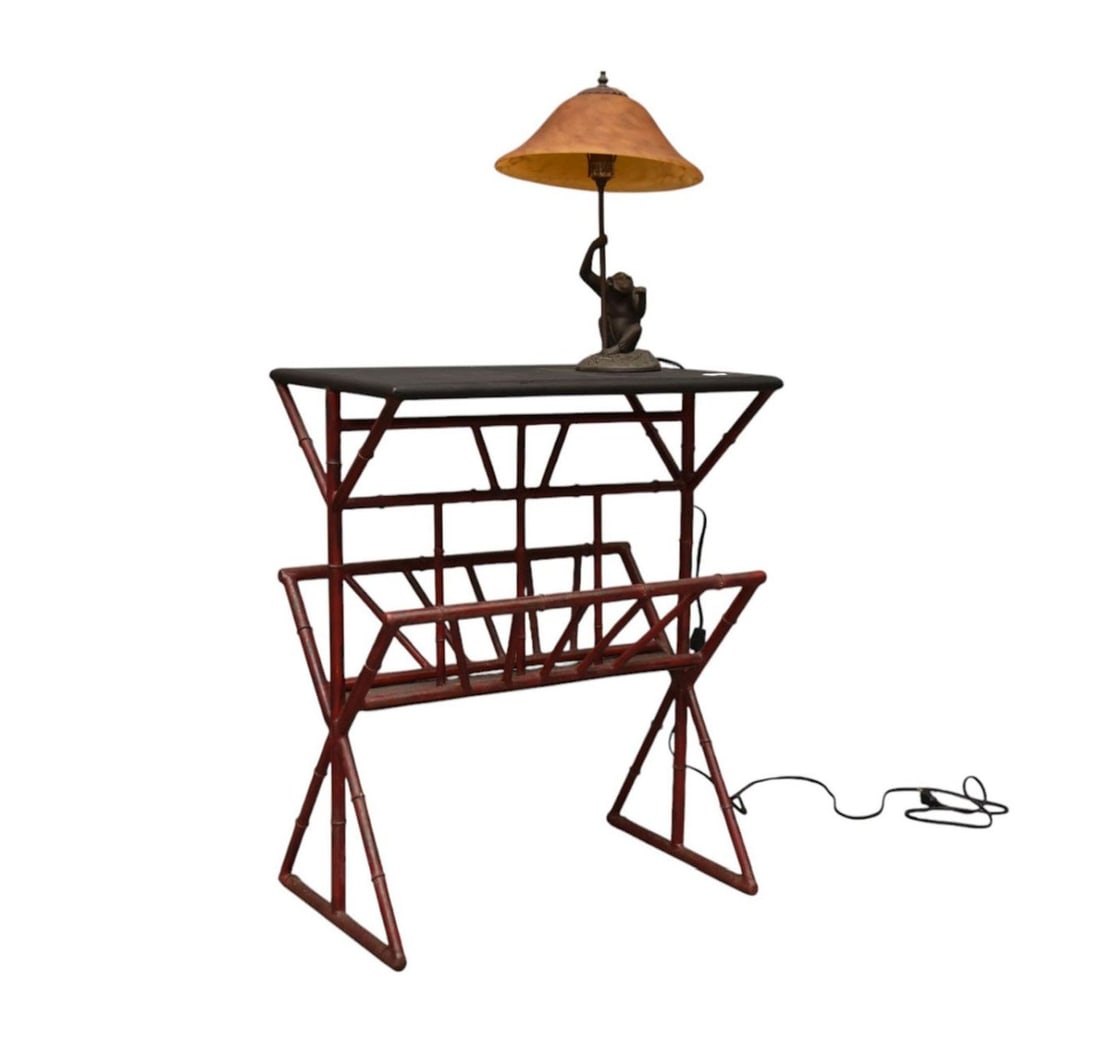Vintage Painted Faux Bamboo Frame Magazine Rack / Side Tabel with Monkey Lamp attached to table top. (1 of 7)