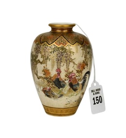 A Meiji Period Japanese Satsuma Vase, Roosters - Japan, Meiji Period, ca. 1868 - 1912. An ovoid form