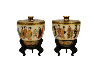 Pair Meiji Period Satsuma Miniature Vases - Japan, Meiji Period, ca. 1868 - 1912. A pair of