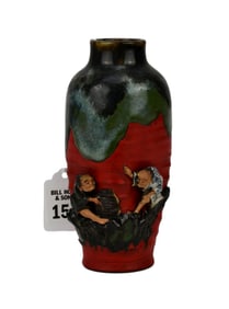 A Signed Japanese Sumida Gawa Vase - C. 1900. A Sumida Gawa pottery vase. Depicting two applied male