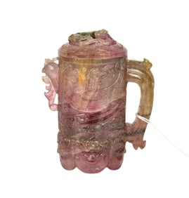 Chinese Tourmaline Carved Censer Jar - A small handled covered censer or jar. Decorated with archaic