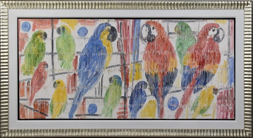 Hunt Slonem (American, B. 1951) Large Oil on canvas, Macaws and Conures- 2005. 32 x 72 inches.