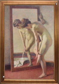 FERNAND DUROZE Lg. French oil on canvas, Paointillist "Femme au  La Toilette"  pd. 26K