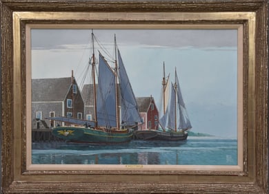 Bruce Elliott Roberts (AMERICAN, 1918–1993) oil on canvas, The Market Schooners of Mackeral Cay