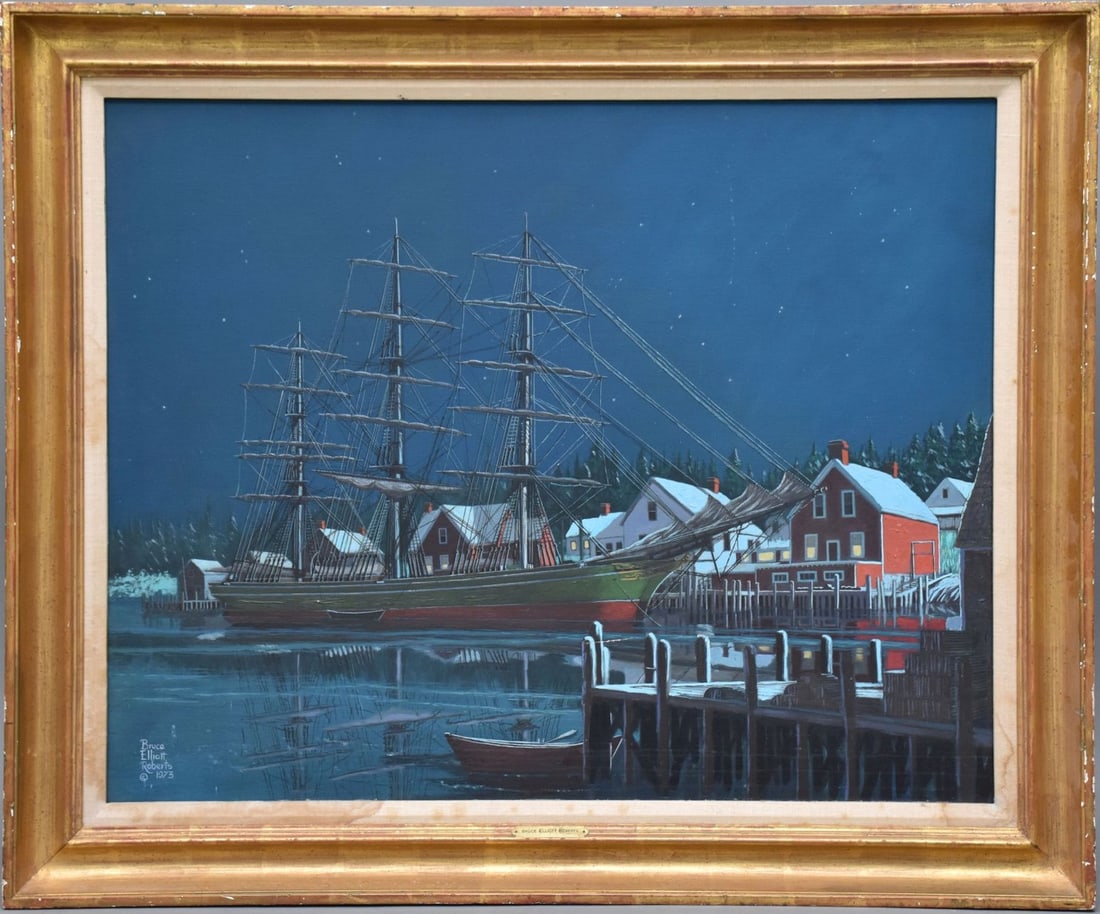 Bruce Elliott Roberts (AMERICAN, 1918–1993) Oil on Canvas, Home Port - 1973. Depicts a harbor port: Bruce Elliott Roberts (AMERICAN, 1918–1993) Oil on Canvas, Home Port - 1973. Depicts a harbor port scene with houses and ships, Signed and dated lower left “Bruce Elliott Roberts 1973”. Sign