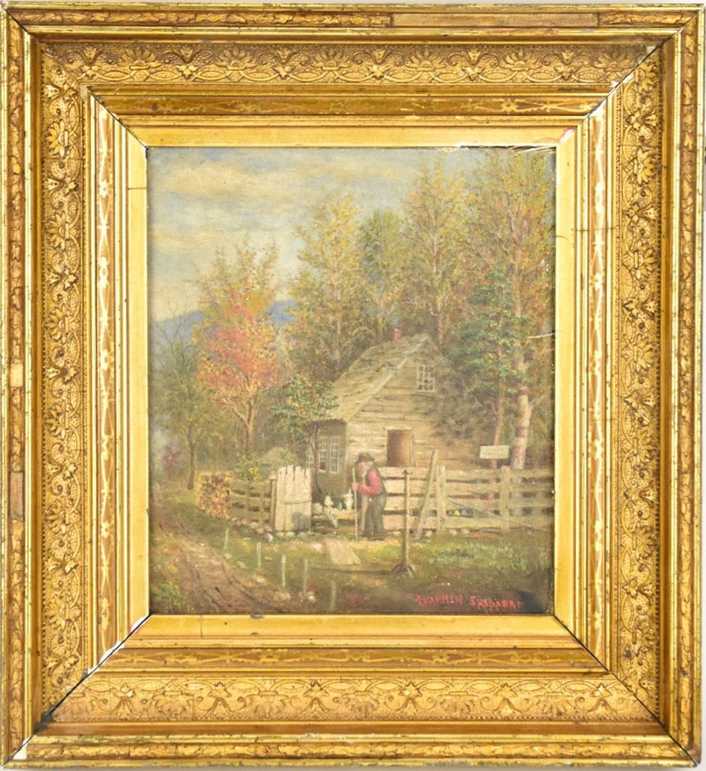 Warren Sheppard (Am. 1858 - 1937) oil on canvas , old sea Captain by his cottage. Signed lower (1 of 9)