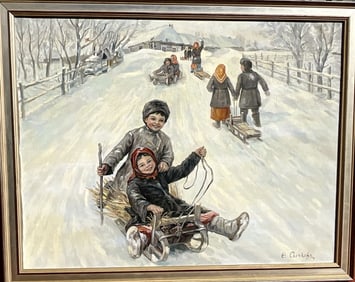 Russian Painting Attributed to: Fedor Sychkov Winter Fun , Children sledding, oil on canvas, 28 x 36